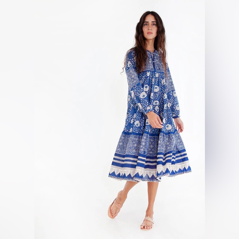 Matta Blue and White Printed Midi Dress